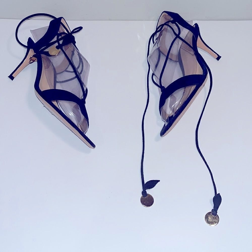 Vintage Gianvito Rossi navy blue suede lthr 3” ankle straps w/gold colored discs